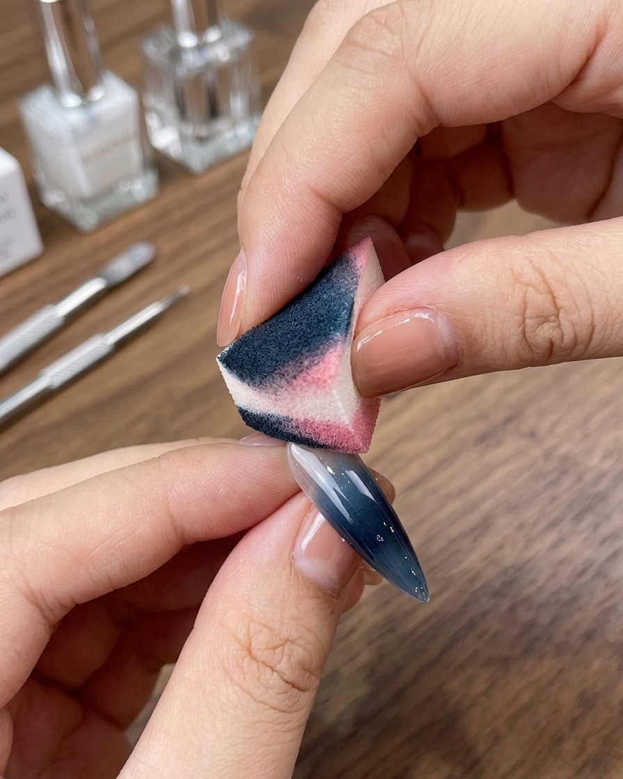 A makeup sponge dabbing white pigment onto a nail to create a soft-focus French tip effect.
