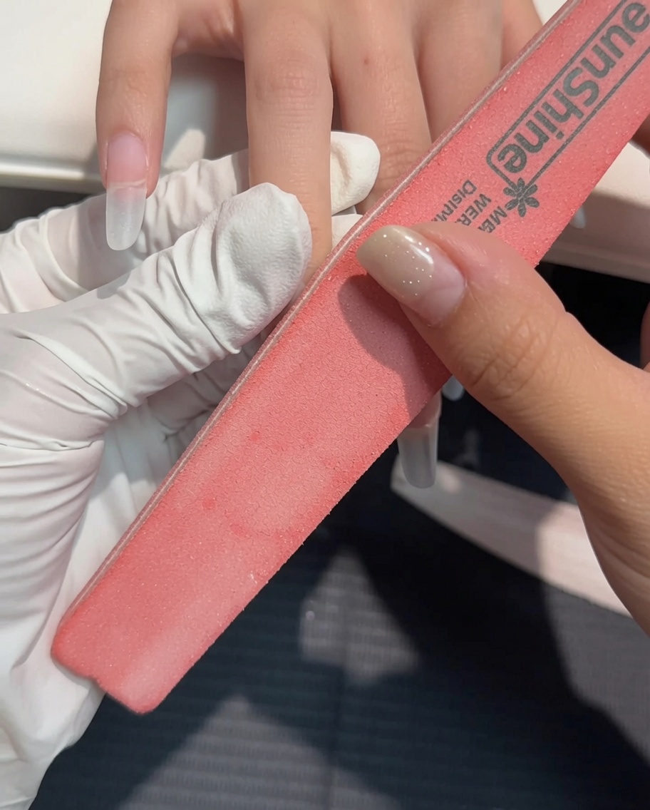 A hand using a pink buffer block to gently buff the top surface of the nail extension.