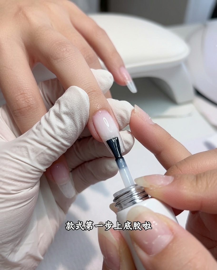 A nail brush applying a thin layer of clear base coat gel onto the surface of a nail.