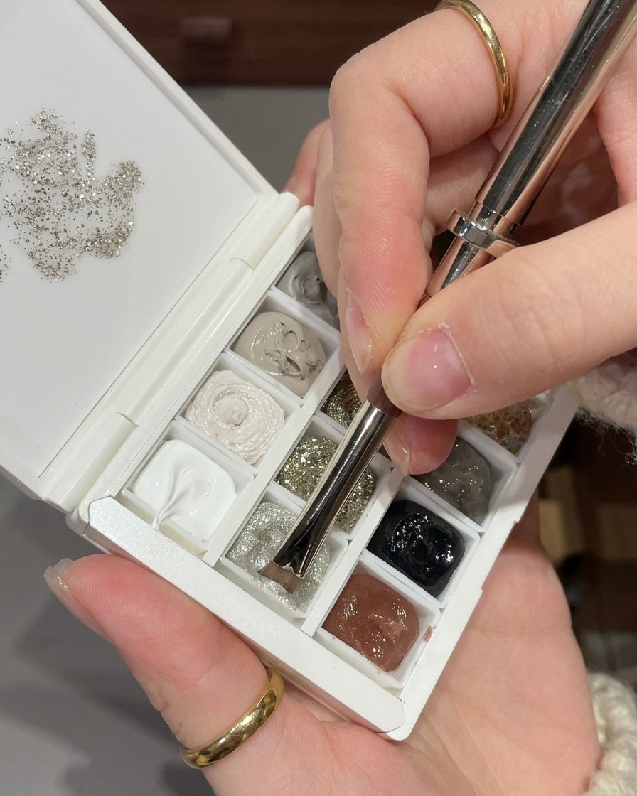 Close-up of a nail art brush picking up a small amount of fine silver glitter gel from a professional nail palette.