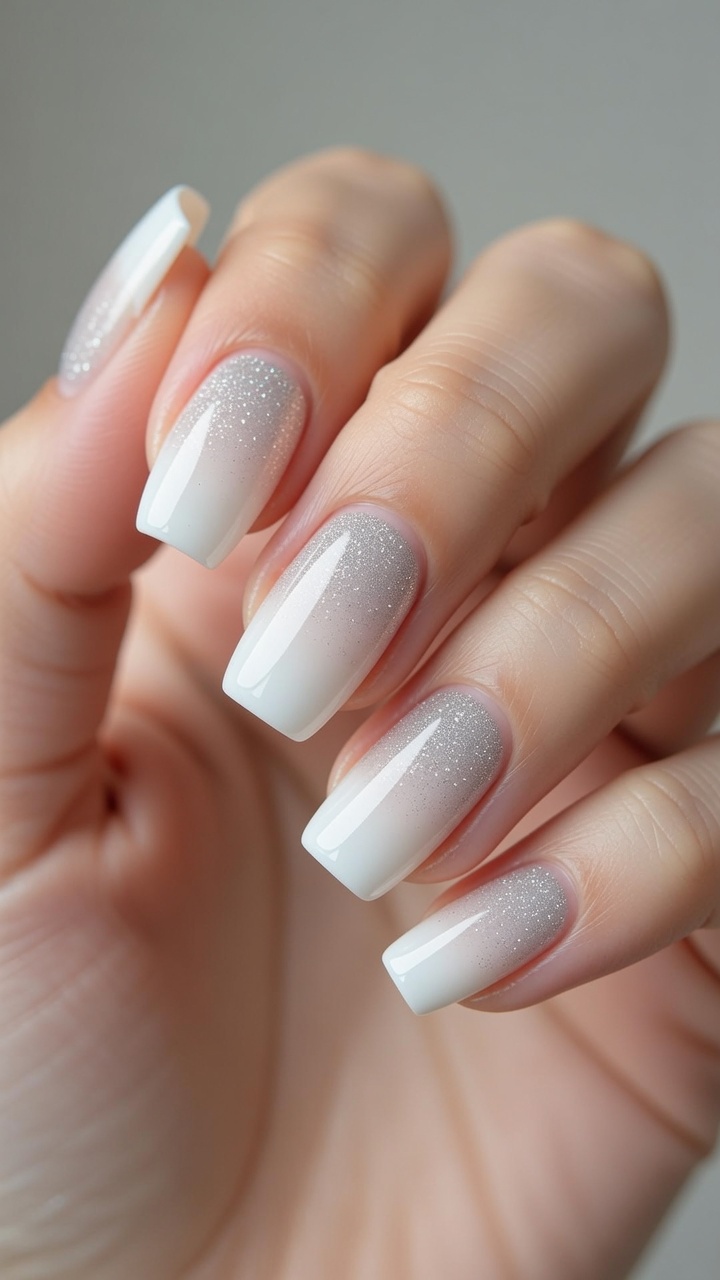 Close-up of a hand with long, square-shaped nails featuring a glitter-to-white French gradient finish.