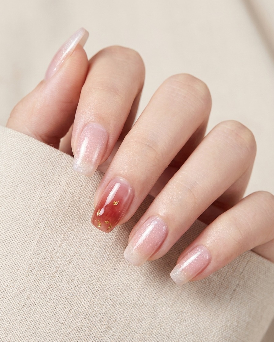 A hand holding a hair dryer directed at the fingernails to assist with drying the gel polish.