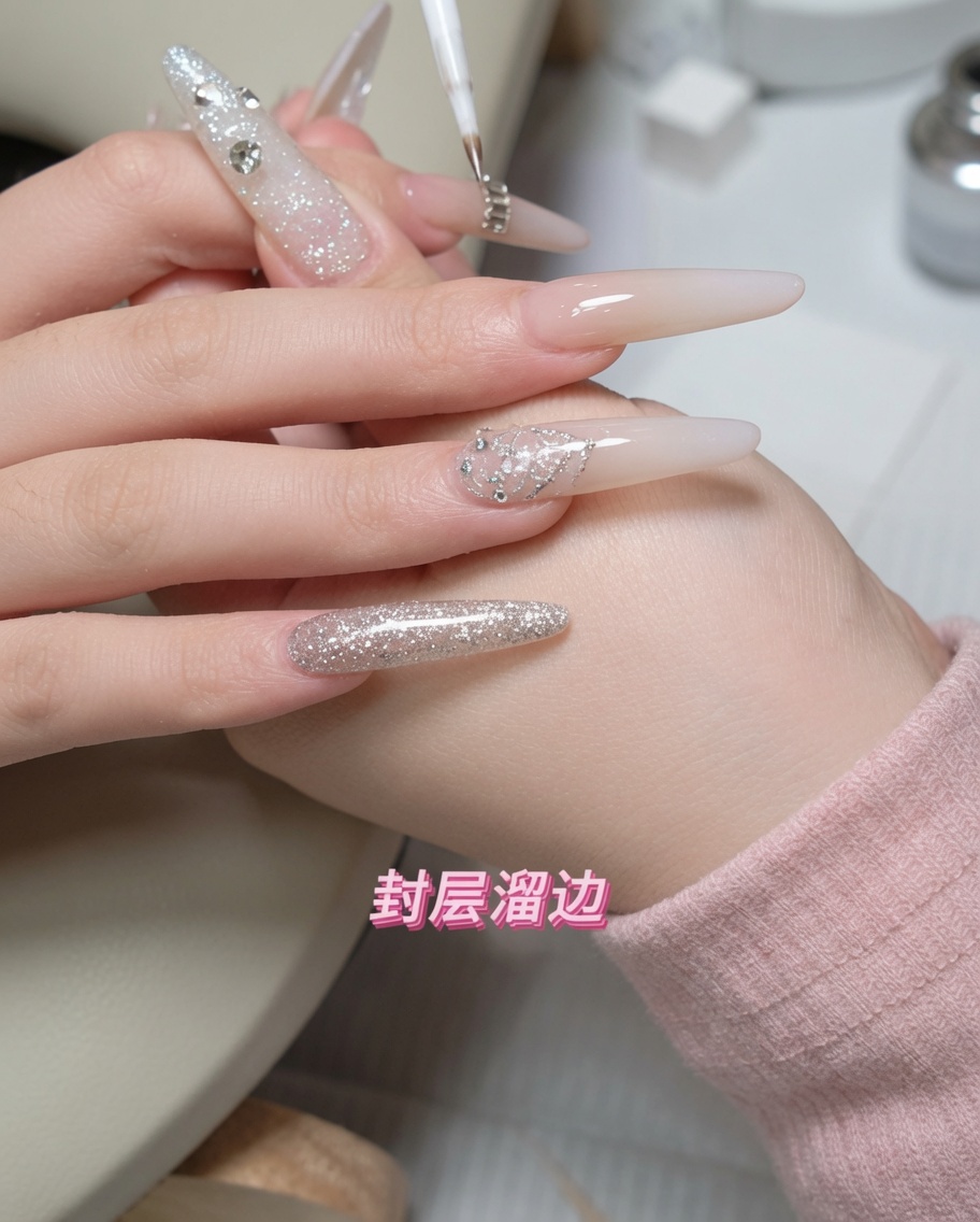 A hand holding a mini LED lamp over a fingernail that is being cured, with rhinestones visible on the nail.