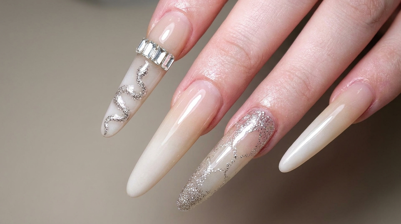 Milky White Gradient Nails with Silver Bvlgari Snake and Rhinestones