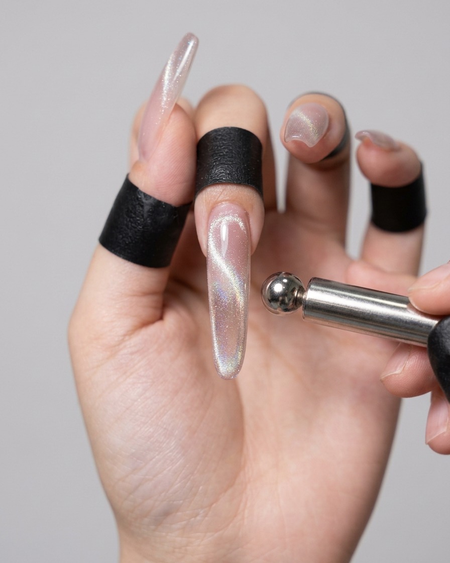 A magnetic tool held close to a wet gel nail, manipulating the magnetic shimmer into a pearl-like glowing spot.