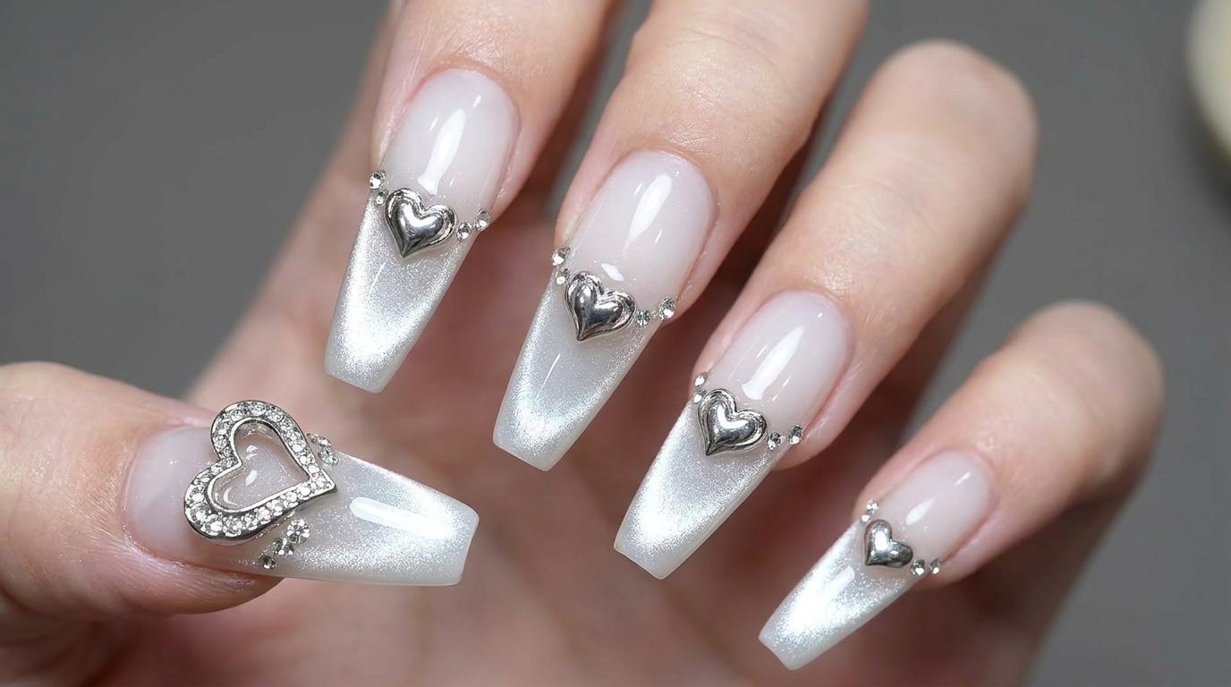 Milky White Cat Eye Nails with Chrome Heart Charms — Step-by-Step Tutorial