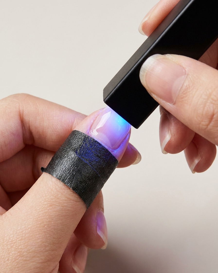 A hand holding a small black rectangular UV/LED lamp over a fingernail to cure a clear gel layer.