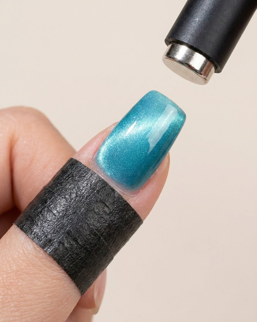 A cylindrical magnet hovering over a nail painted with wet teal-blue cat-eye gel, drawing a wide line of shimmer down the middle.