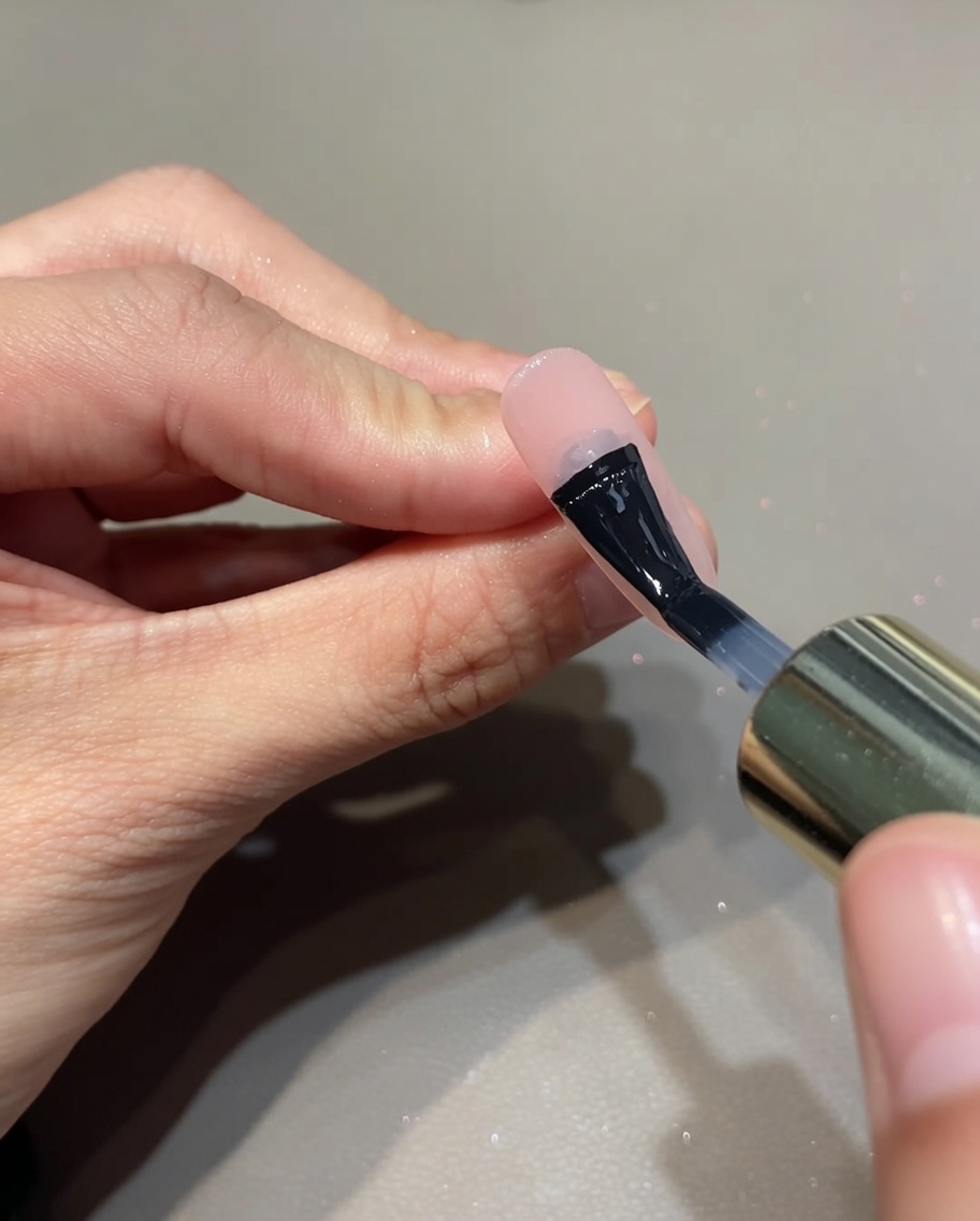 A close-up view of a brush applying clear base coat gel onto a nail.