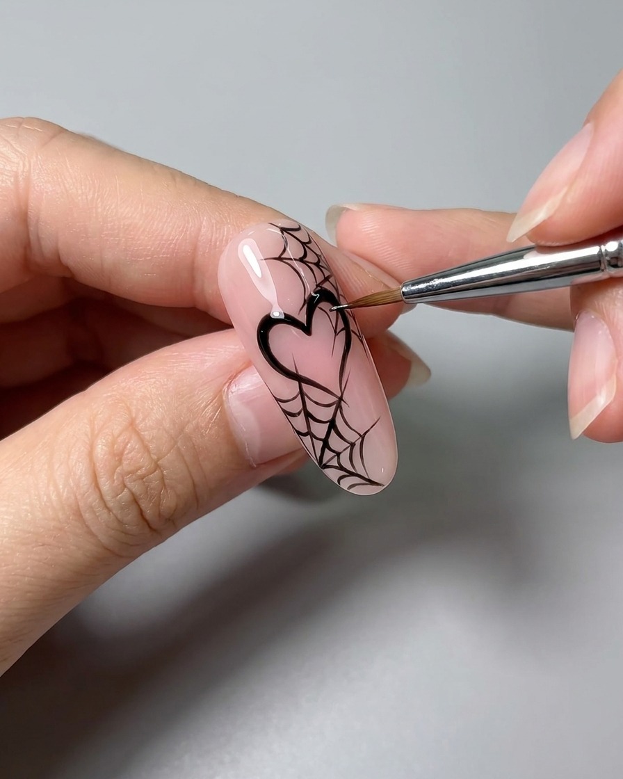 An applicator tool dabbing silver chrome powder onto black nail art designs.
