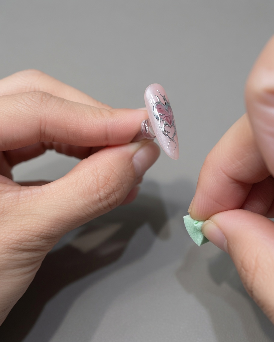 A small green makeup sponge being used to gently sweep away loose silver chrome powder from a manicured nail.