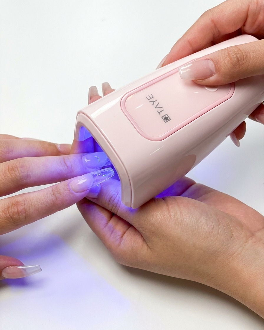 A hand holding a small UV lamp over a nail while using tweezers to pinch the extension.