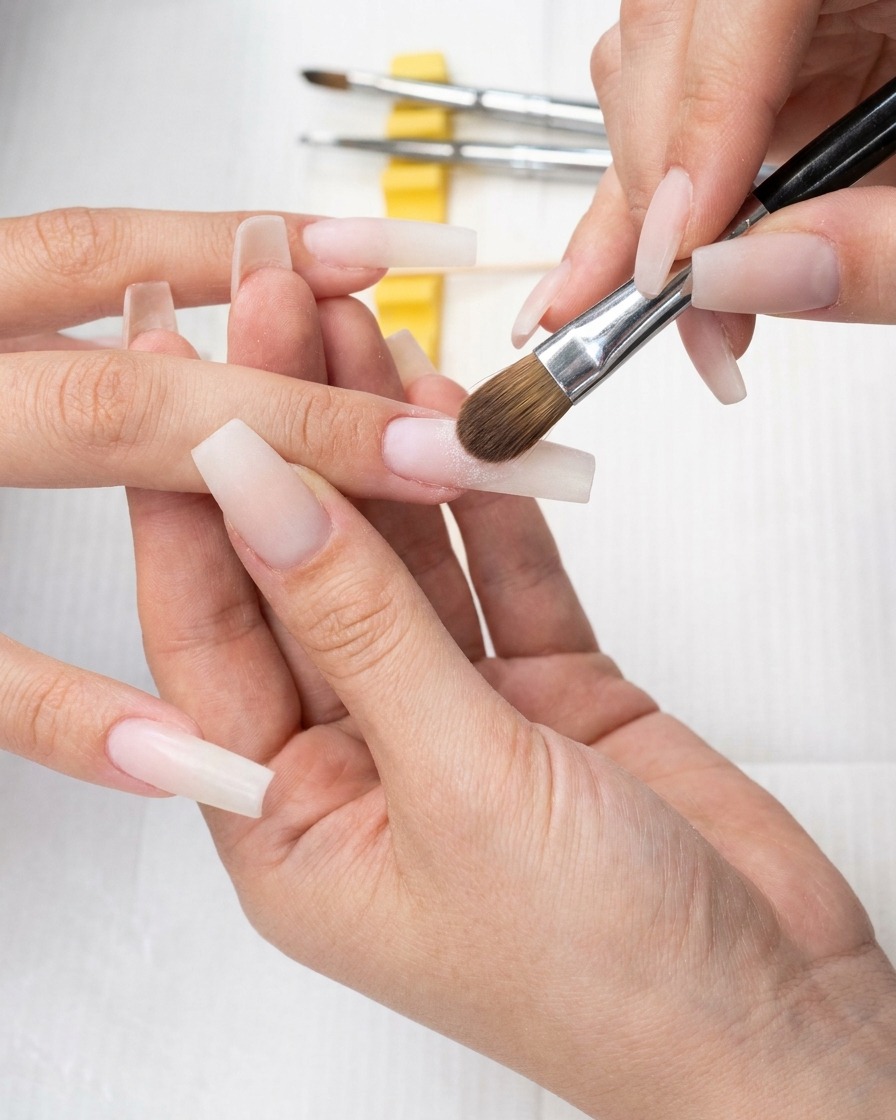 The edge of a sponge tool being used to clean excess gel along the side of the nail.