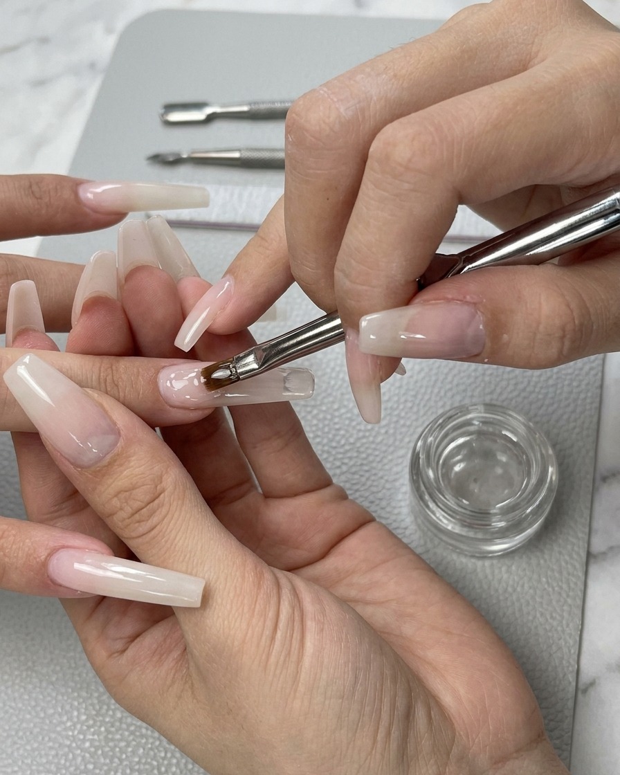 A flat gel brush applying a sheer nude base color over the nail.