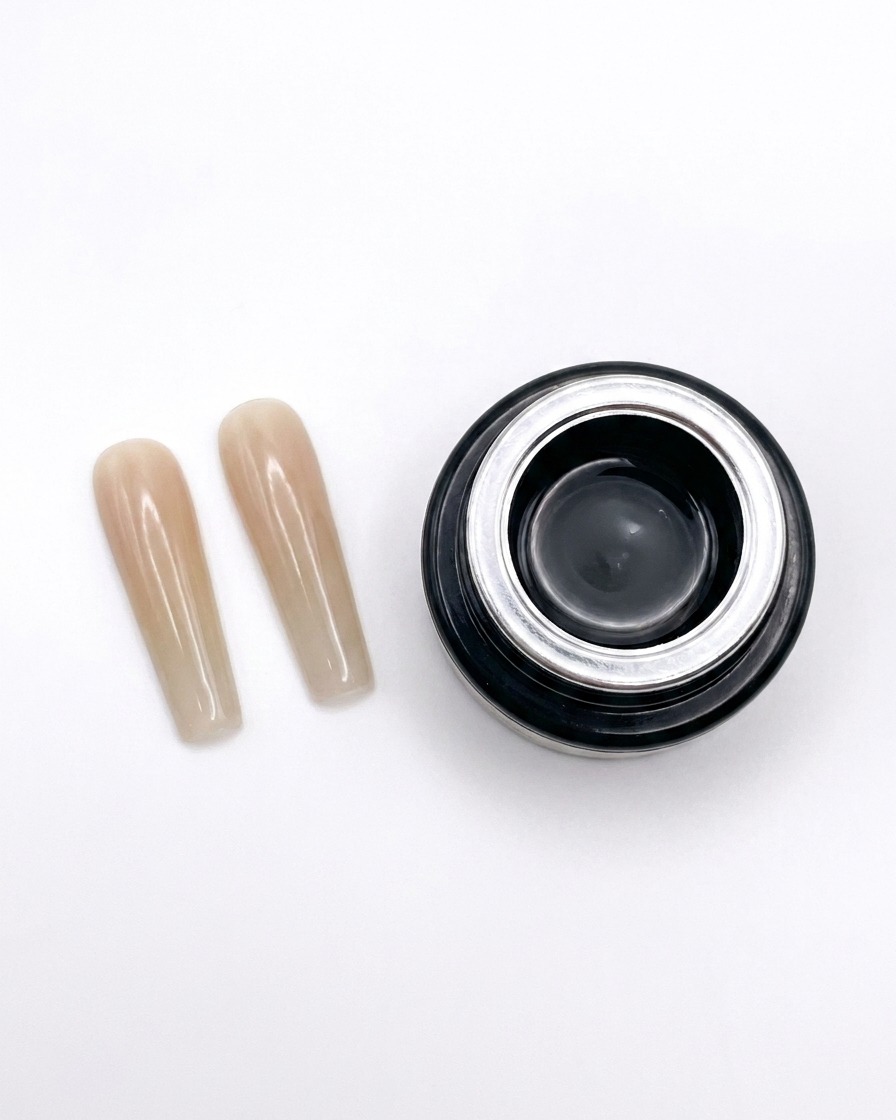 A brush smoothing nude gel over an extended square-shaped nail.