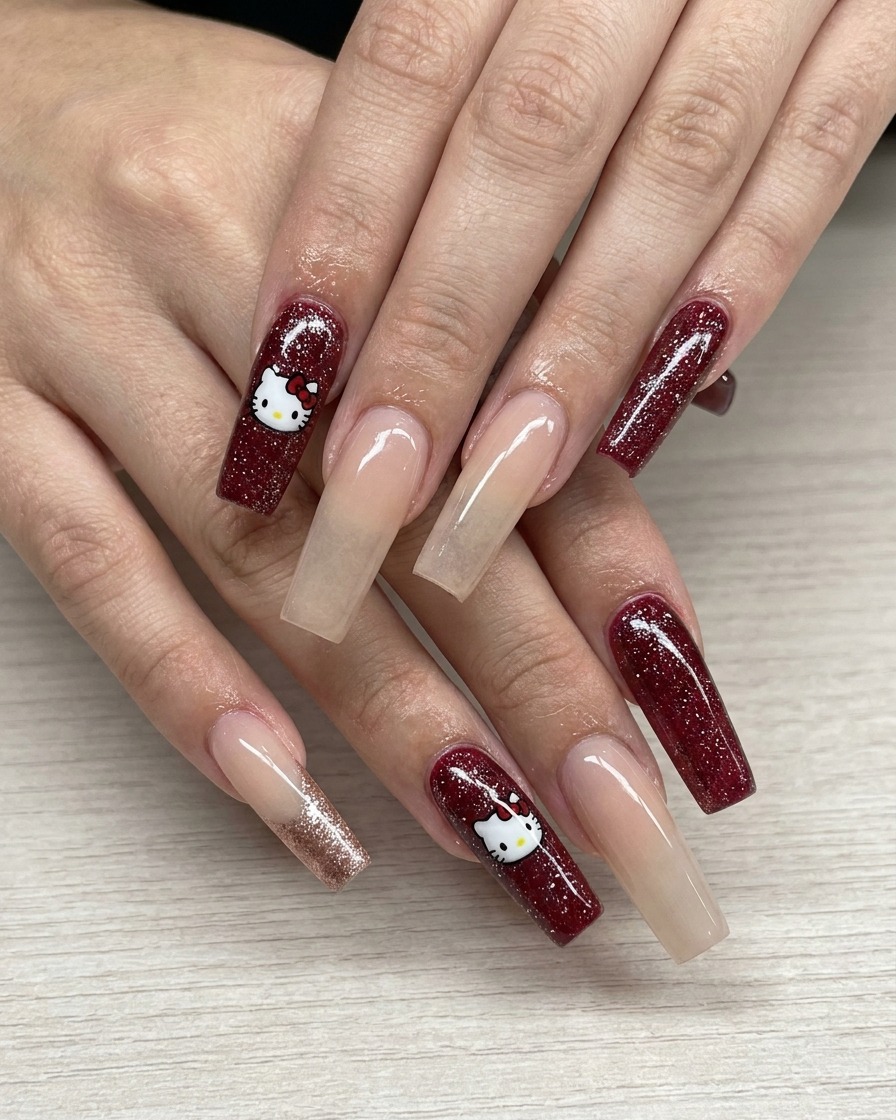 A fine liner brush creating a precise rose gold glitter arc on the nail.