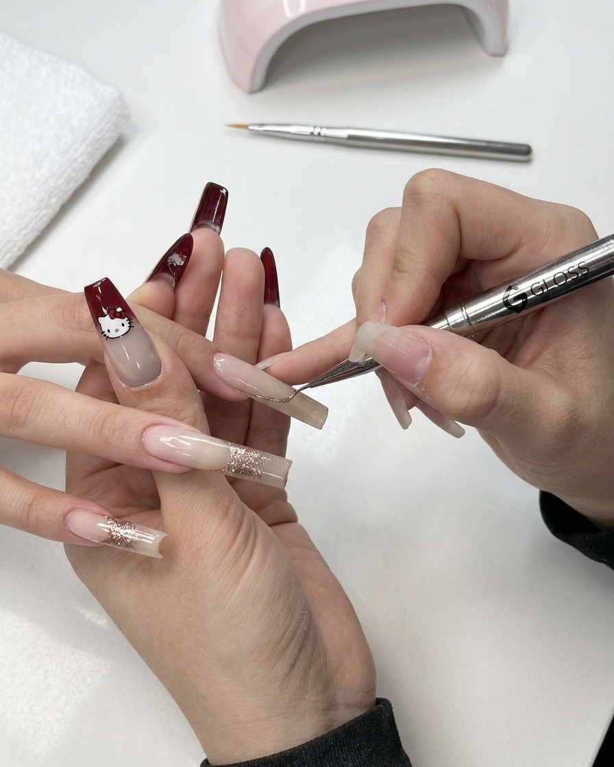 A detail brush adding a small amount of glitter to refine the nail design.