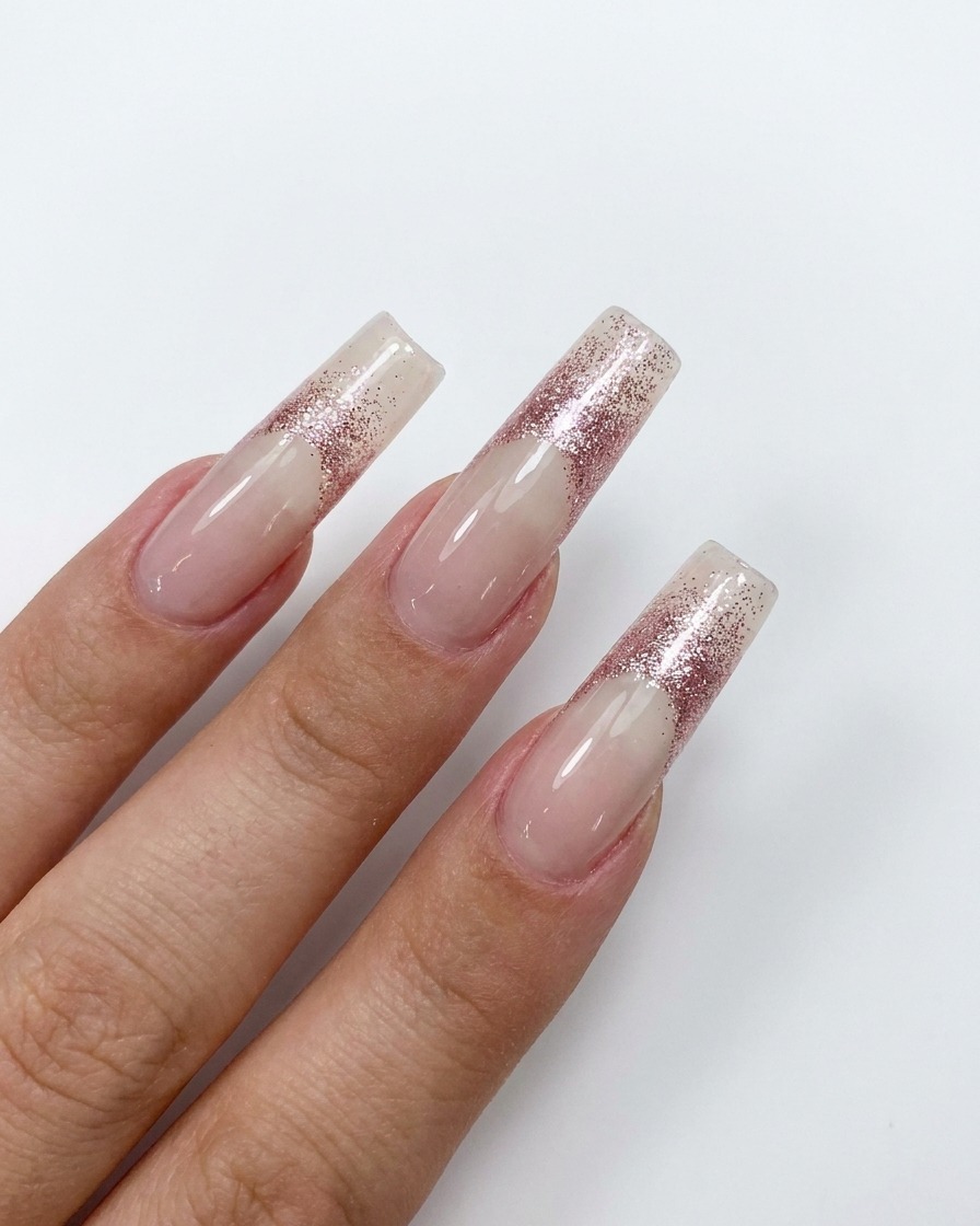 A close-up of a nail artists brush blending rose gold glitter downward on a long, nude-colored nail.