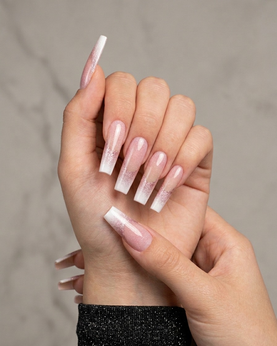 The nail artists hand using a sponge to apply a second layer of white gel to the tips of long, square-shaped nails.