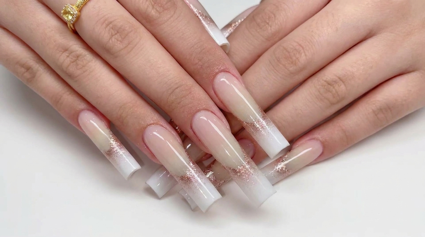 Rose Gold Glitter and White Gradient Water Pipe Square Nails