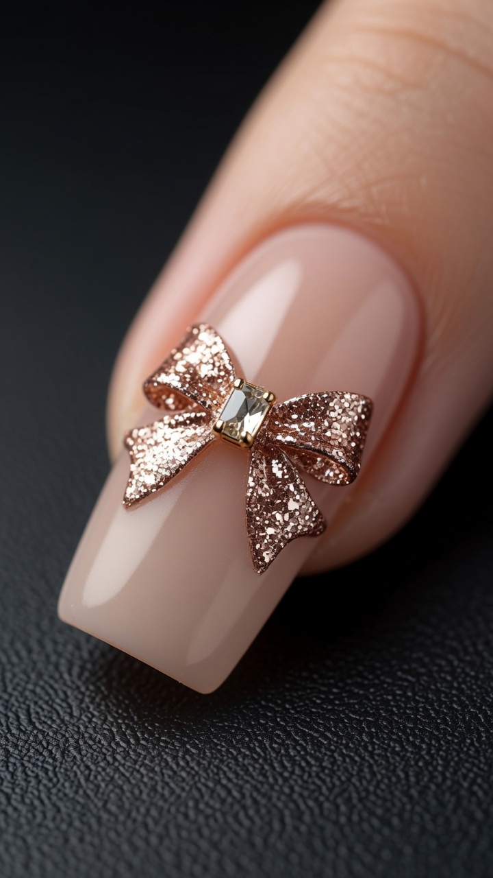 Matte Nude Nails with Rose Gold Glitter Bow — Elegant Nail Art Tutorial