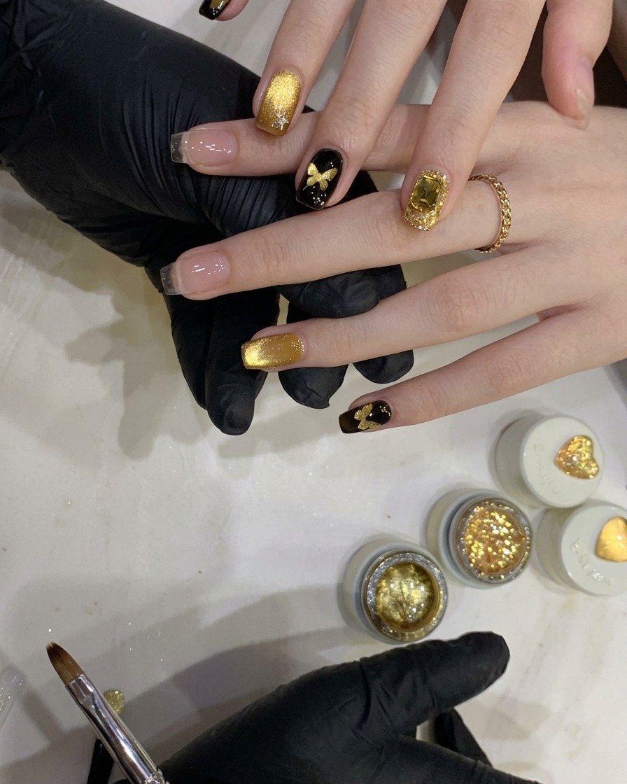 A handheld UV lamp curing a nail that features a gold cat-eye shimmer effect.