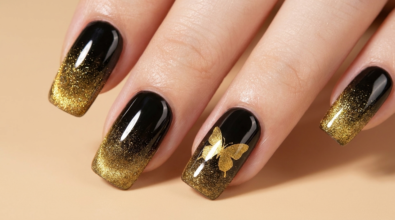 Sparkling Gold Cat-Eye Butterfly Nails — Step-by-Step Tutorial
