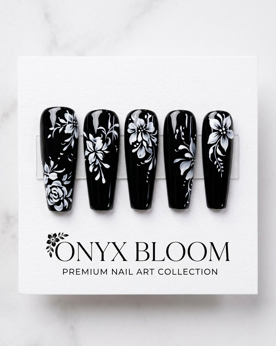 A close-up shot of a fine detail brush applying a white circular shape onto a solid black nail.