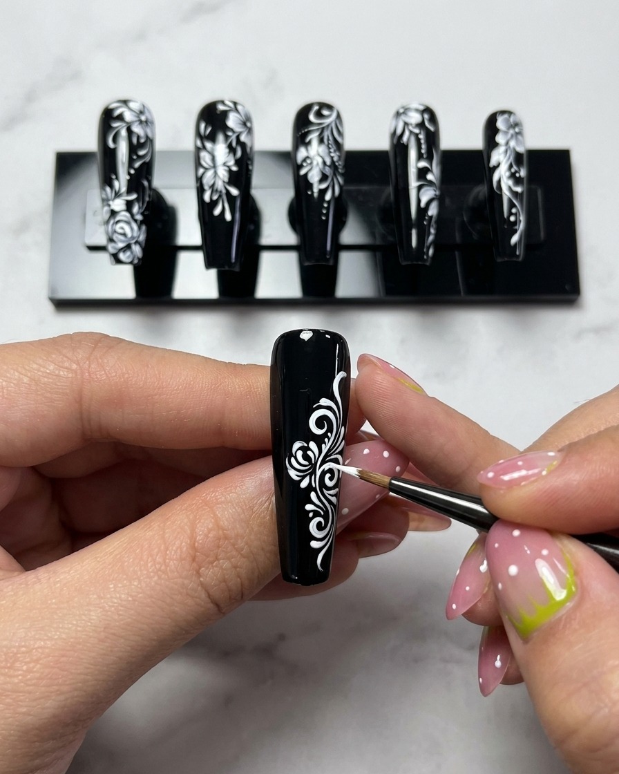 A close-up view of a detail brush adding white, curved petal lines over the center of a rose design on a black nail.