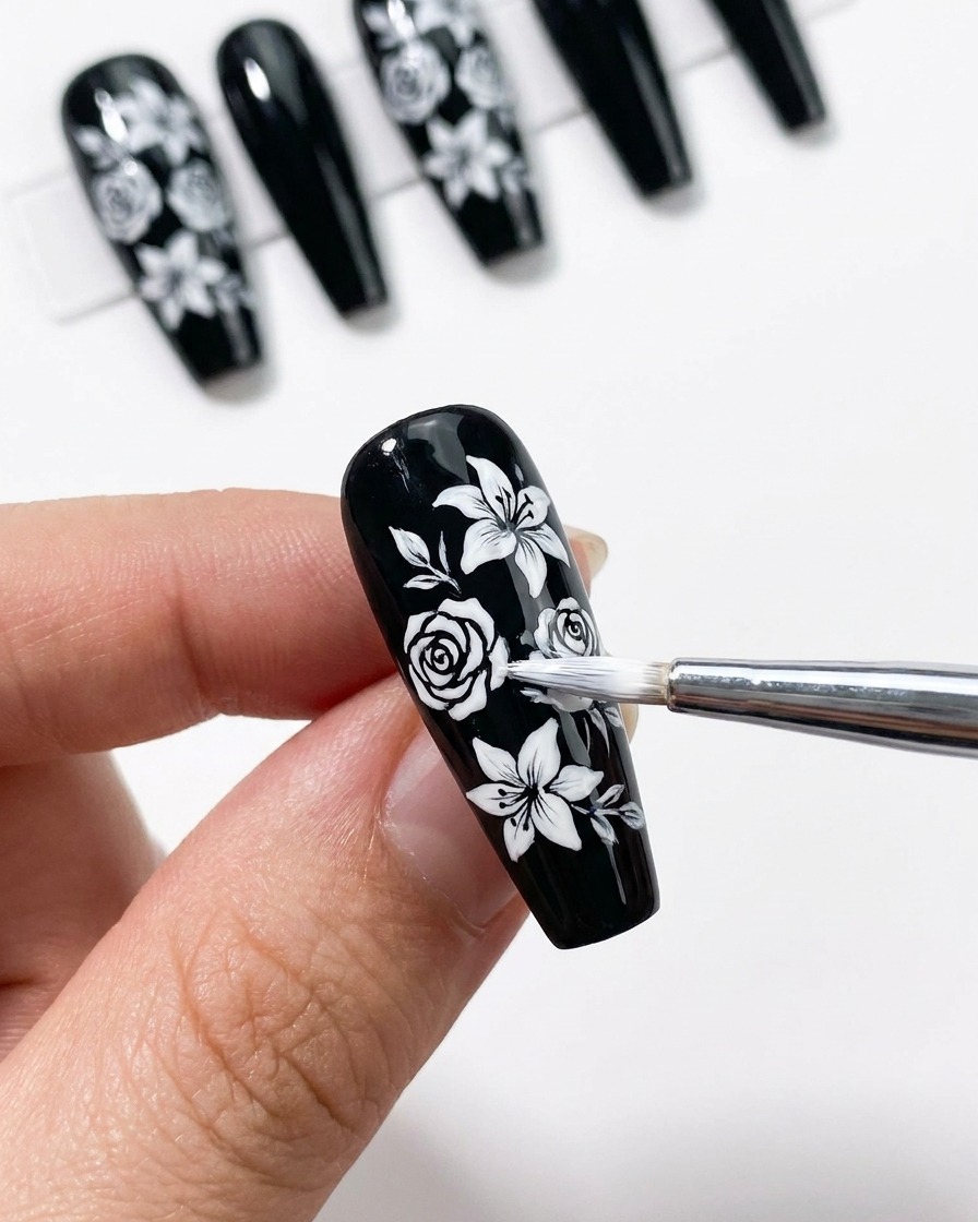 A close-up view of intricate white swirling filigree patterns being added to fill negative space on the black nail.