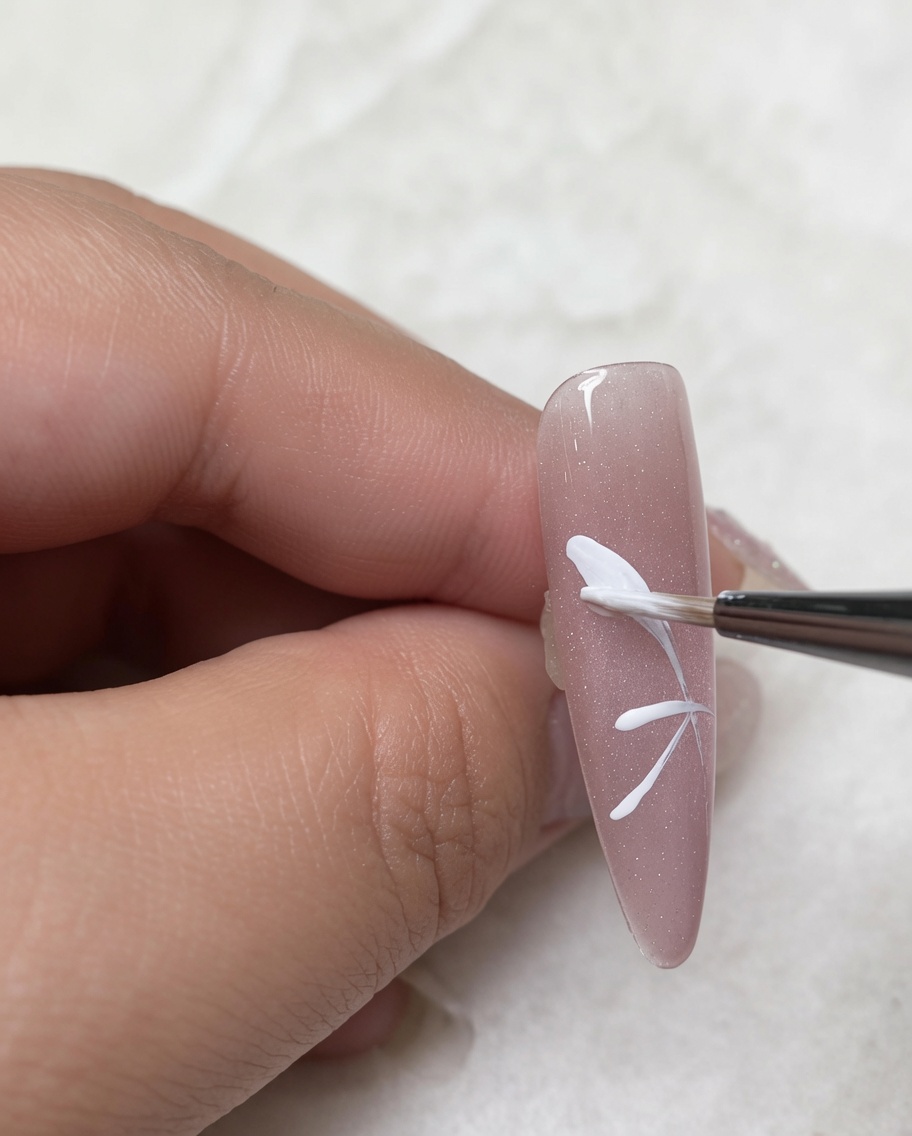 A fine liner brush adding delicate detail lines to the edges of the filled-in white butterfly wings.
