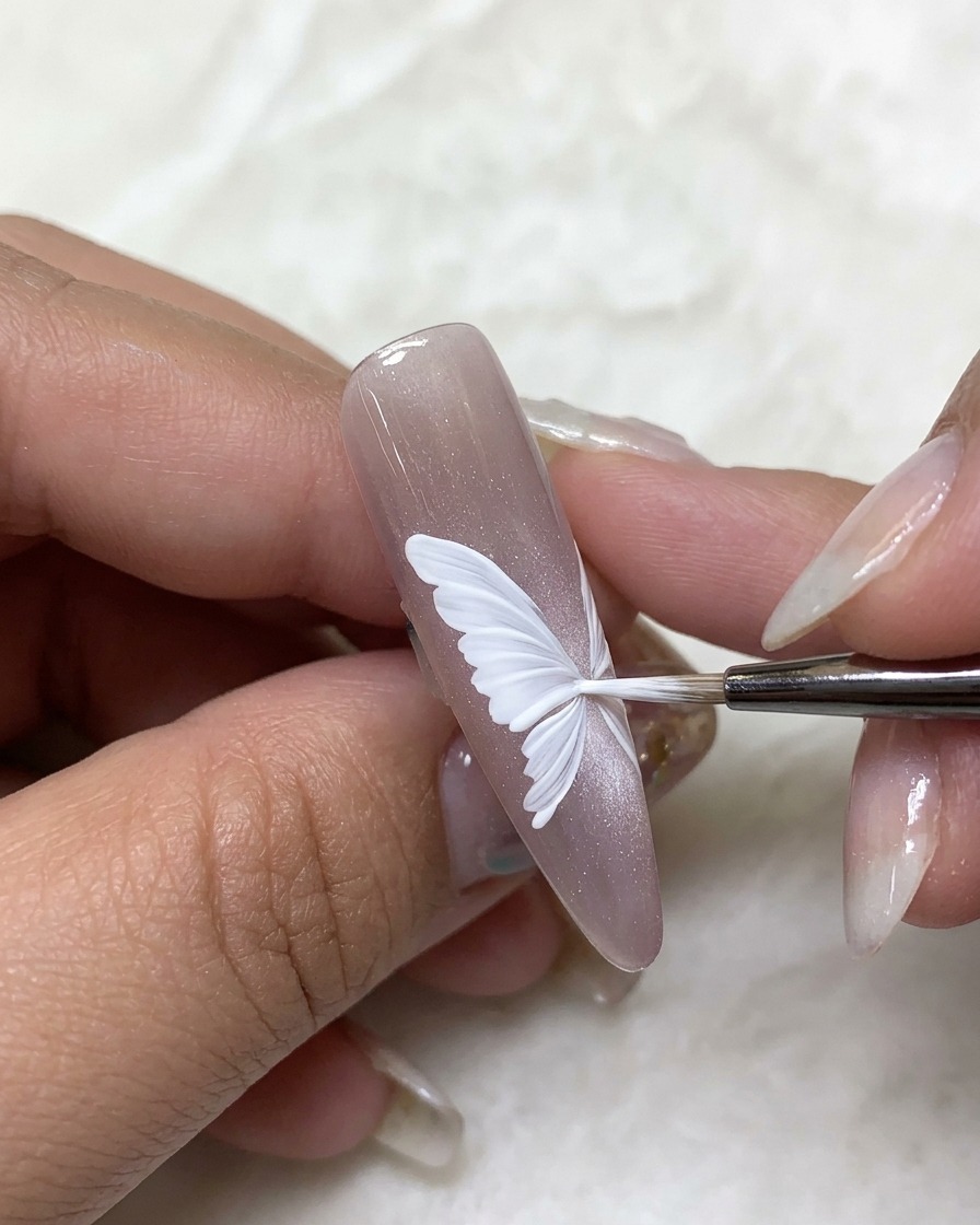 A close-up of a nail with delicate white gel butterfly wings being outlined with a fine liner brush.