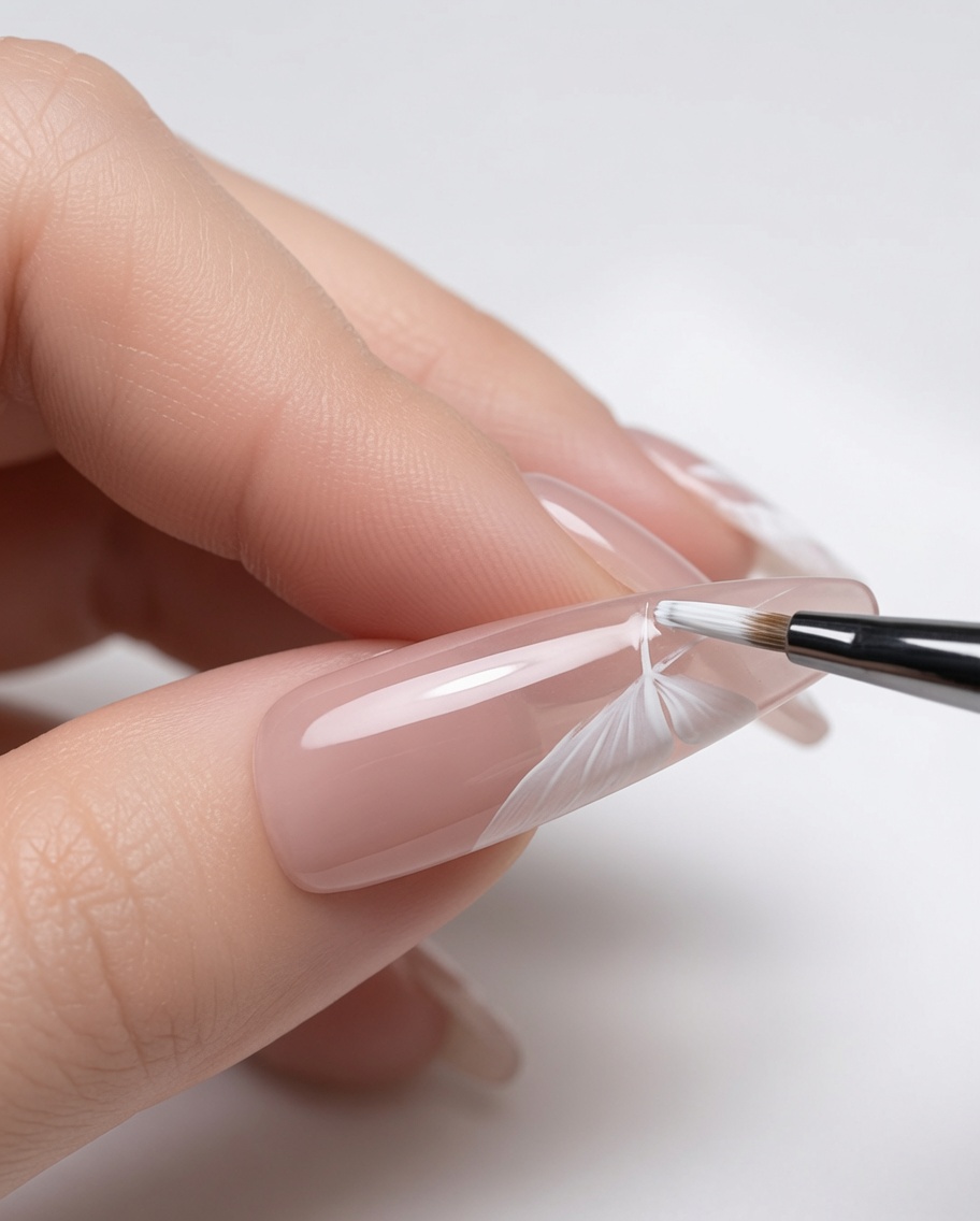 A close-up view of a nail where fine white lines are being added inside the butterfly wing outline to create texture.