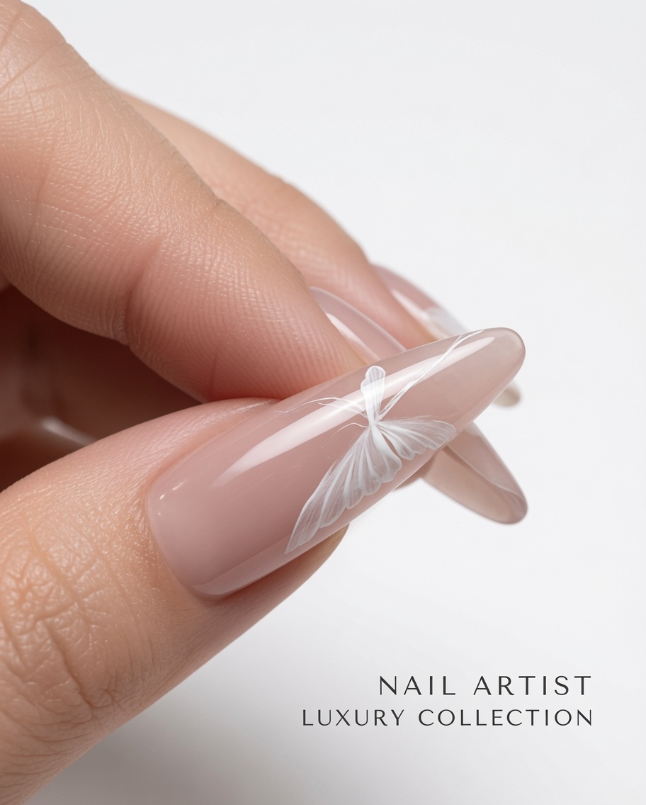 Close-up of a nail showing the butterfly design alongside small, circular white paint blobs acting as the base for roses.