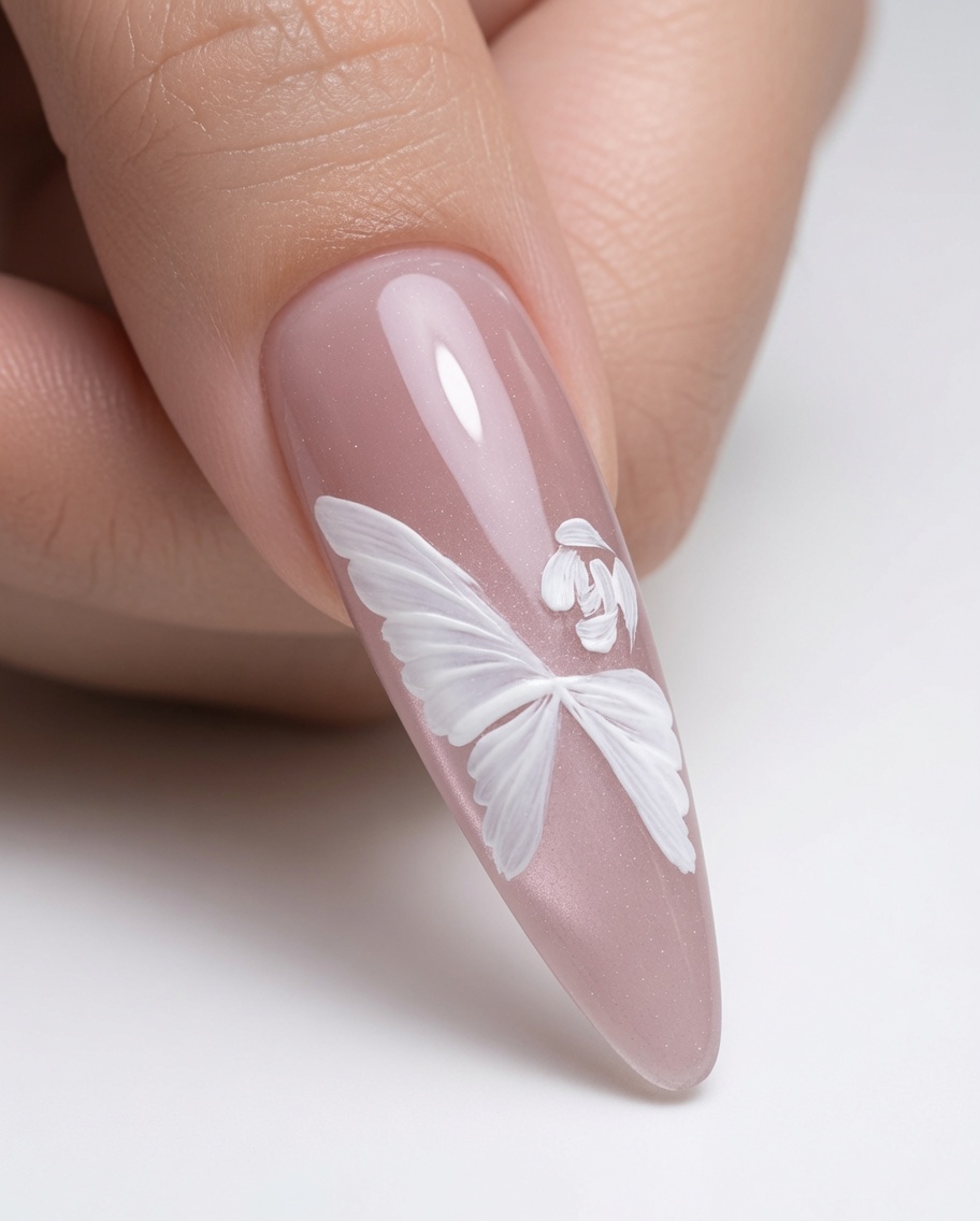 Macro shot of a nail art process where spiral lines are being painted inside the white rose bases.