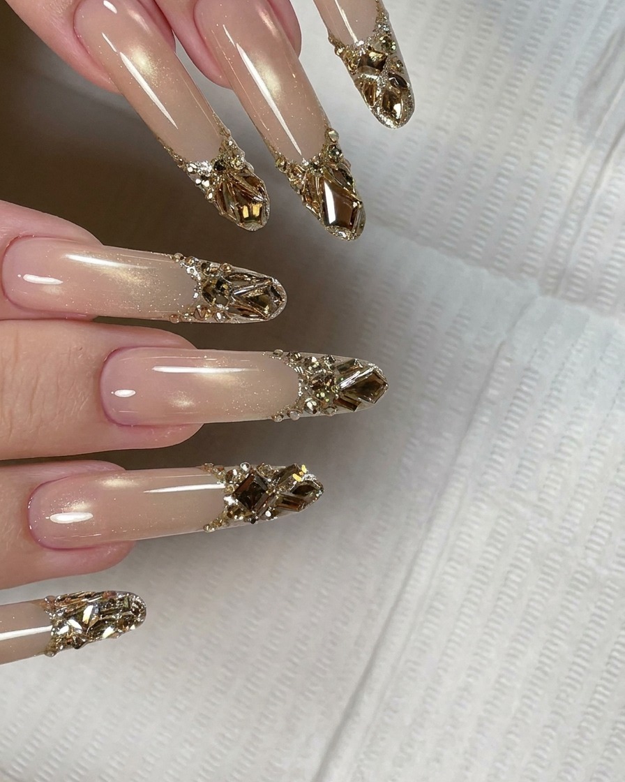 A flat gel brush applying a clear base gel to the natural nail and attached extension tip.