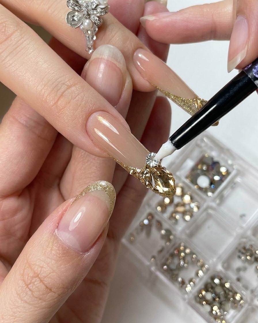 A pair of fine-point tweezers carefully placing a large, faceted champagne crystal into a bead of adhesive gel on a nail.
