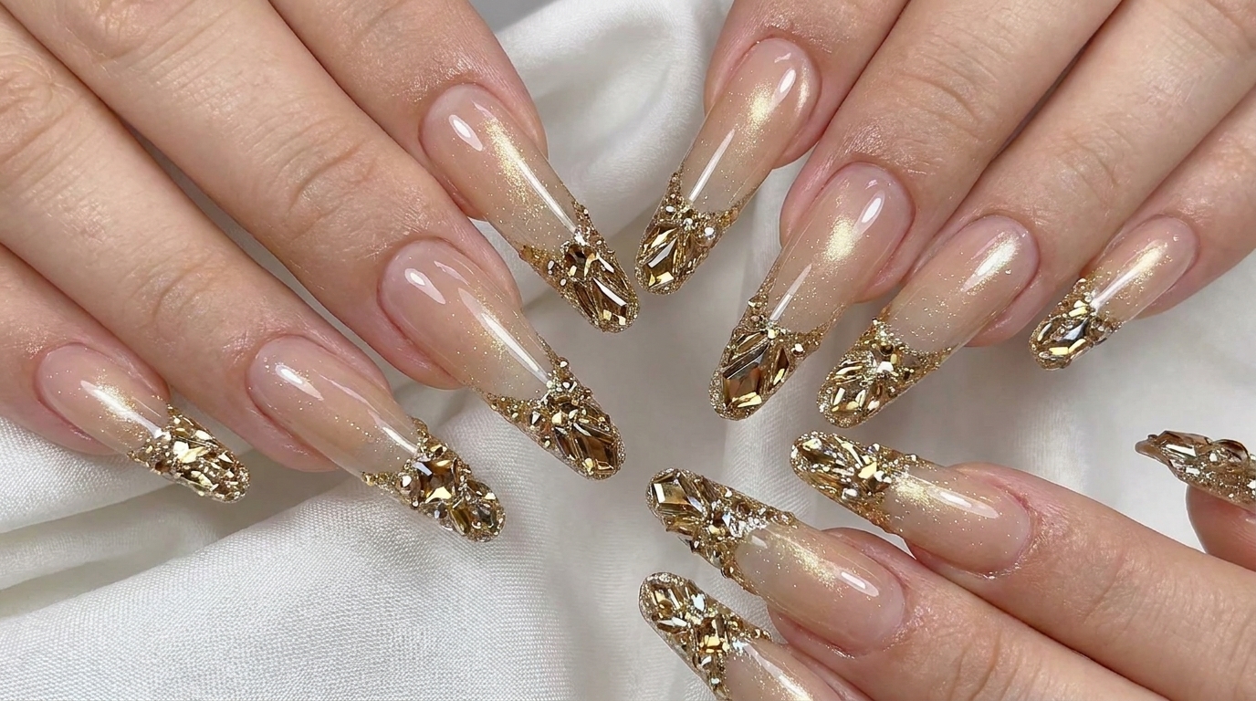 Long Nude Gradient Crystal Embellished Nails Tutorial