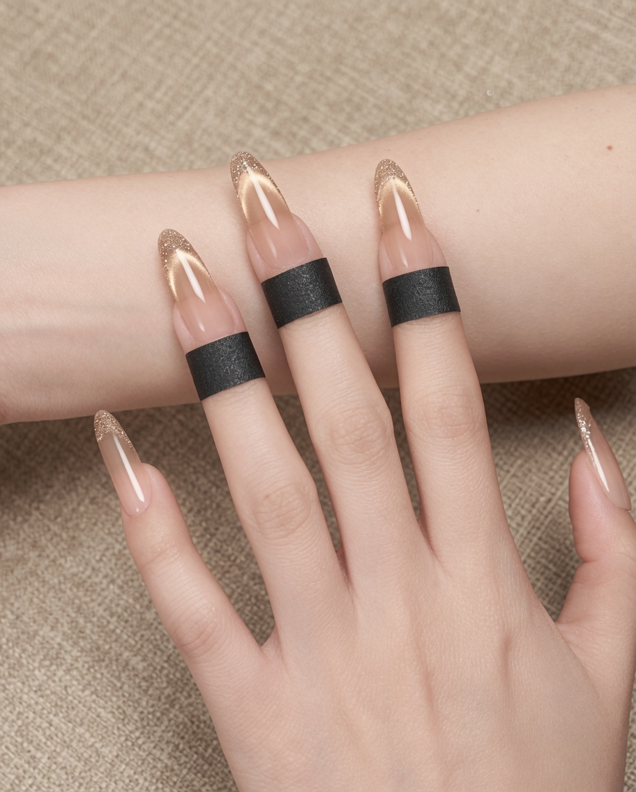A hand with finished cat-eye gel polish placed inside a professional UV nail lamp.