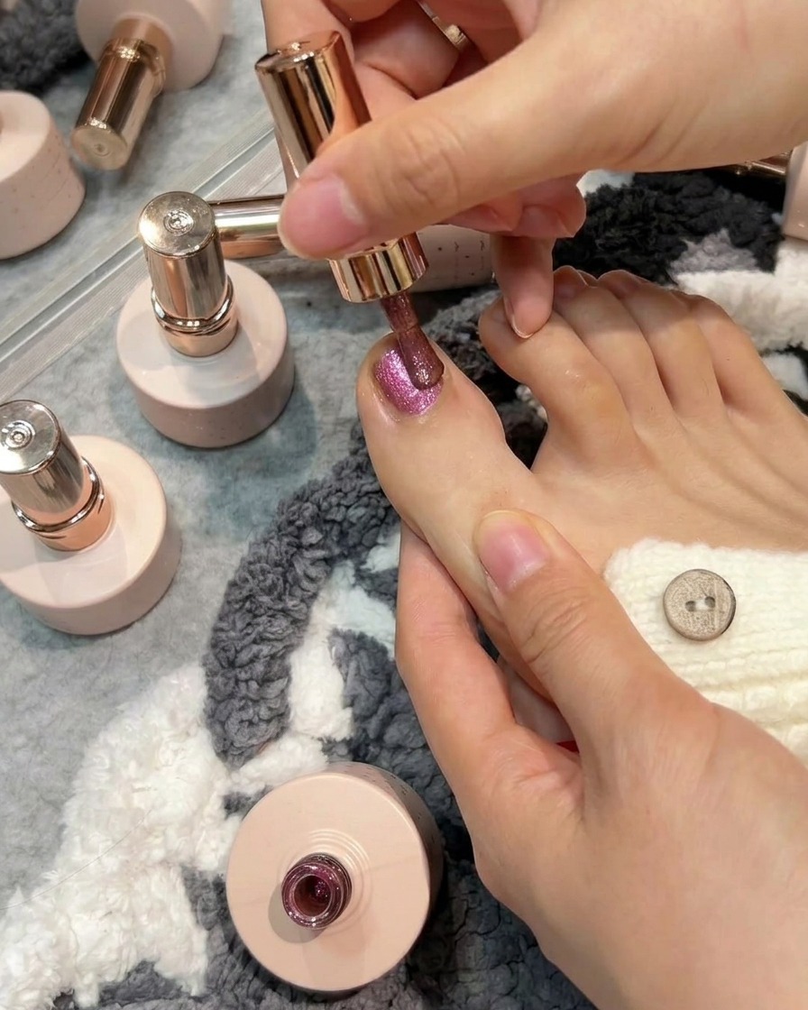 A cylindrical magnet being held along the side of a big toenail with wet cat-eye gel polish.