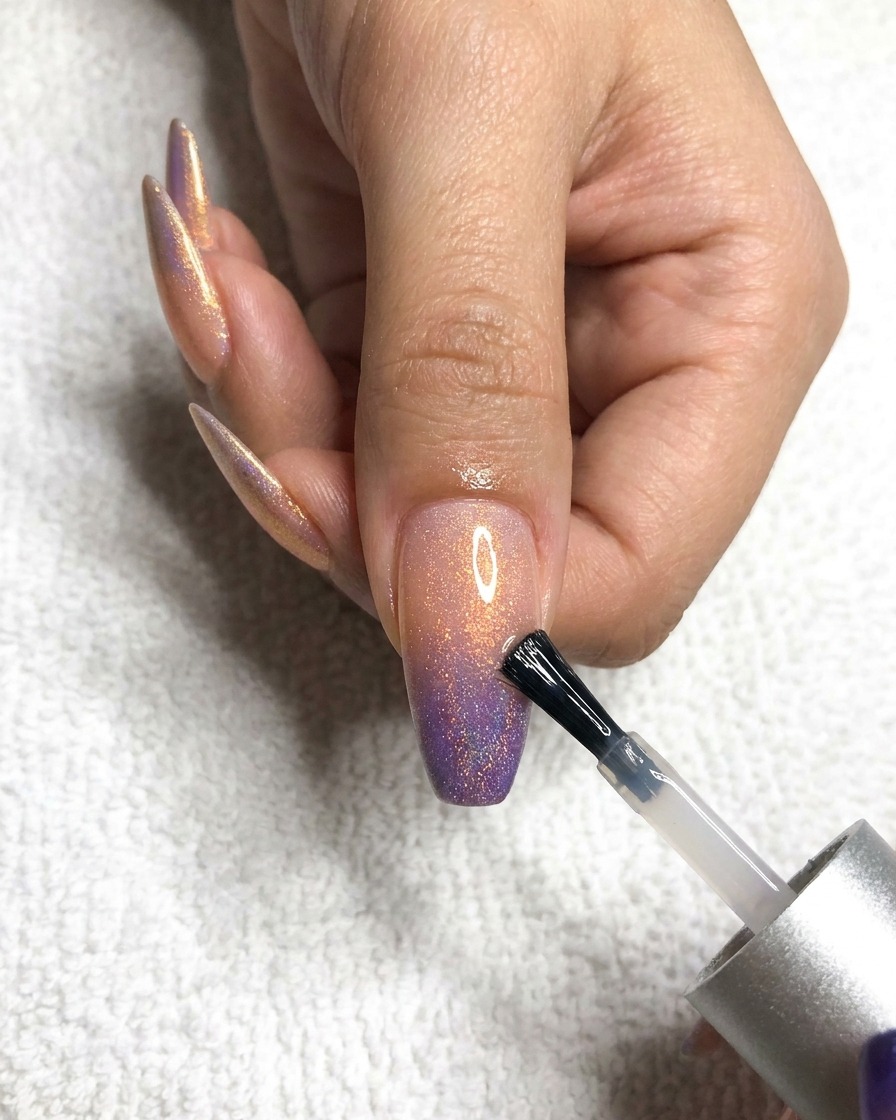 A brush applying a clear, glossy top coat to the nail of a middle finger, covering the holographic ombre design.
