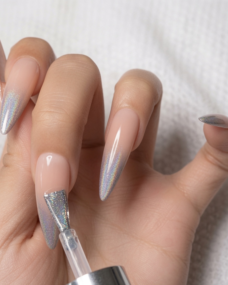 A nail brush applying a thin, glossy top coat over the holographic ombre design on an index finger nail.