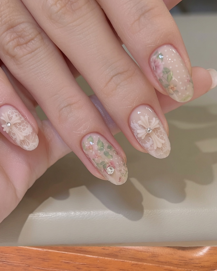 A brush applying a thin layer of nude gel polish to the tip of a fingernail.