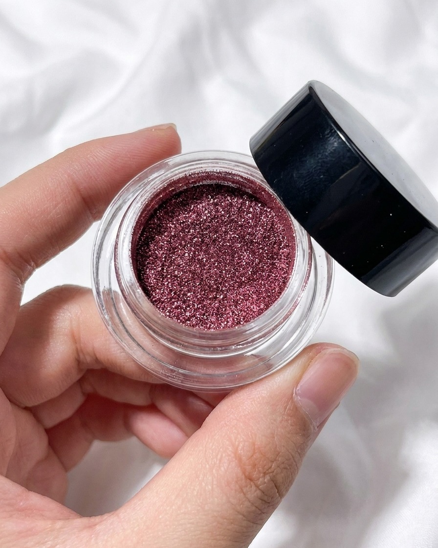 An eyeshadow sponge applicator picking up rose gold chrome powder from a small jar.