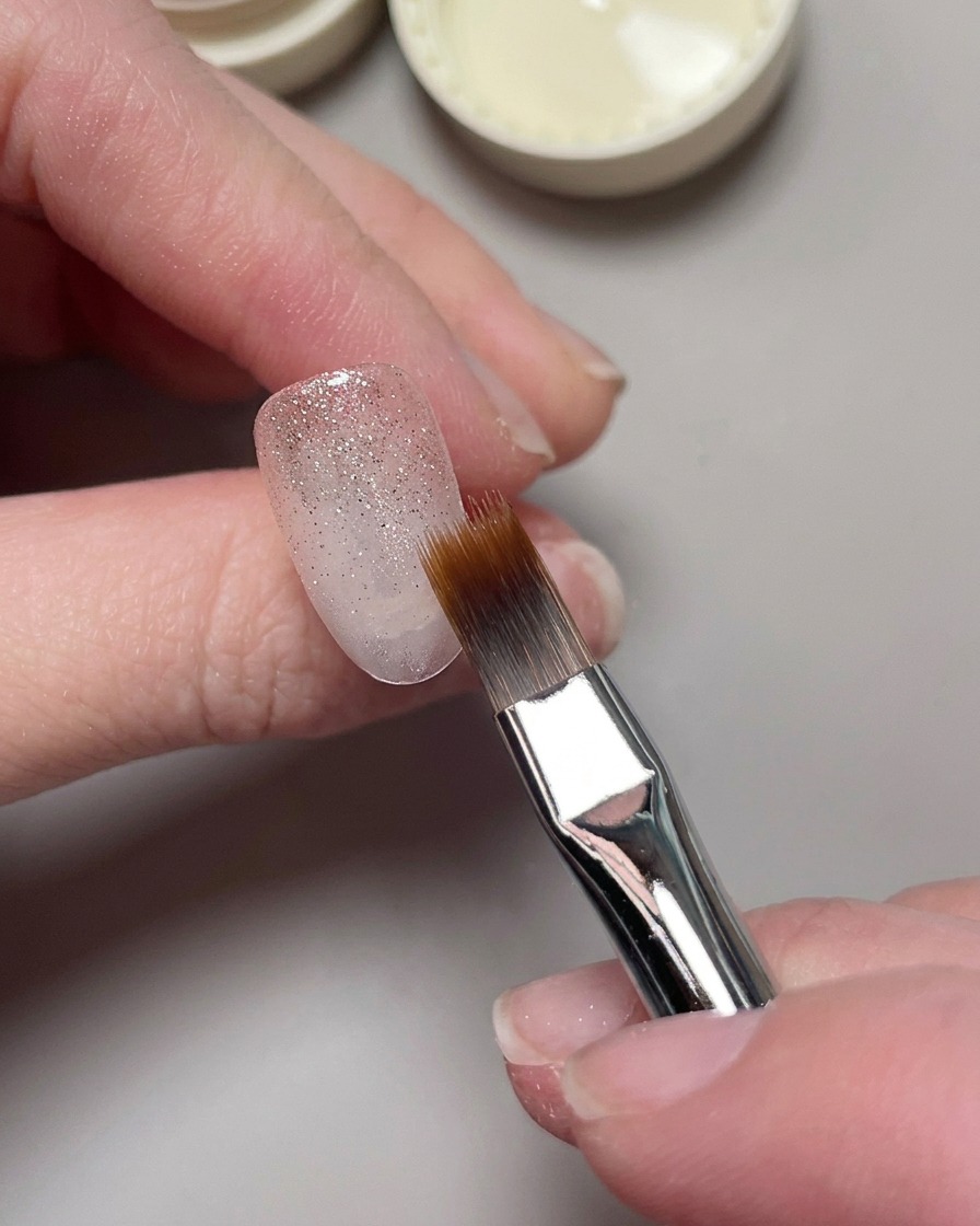 A nail brush applying a coat of glittery cat eye gel polish over a sheer base.