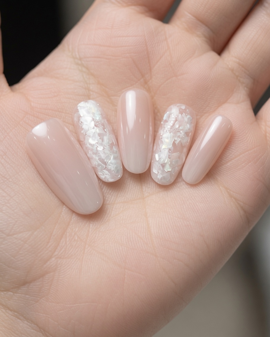 A close-up of a brush applying a sheer, clear-pink base coat to a natural nail.