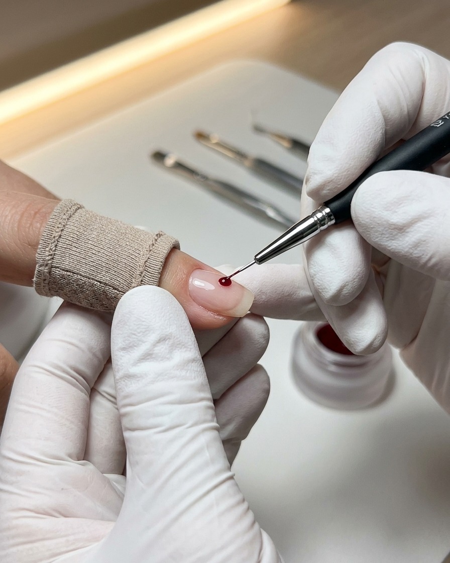 Close-up view of a fine liner brush applying a small, precise bead of clear gel near the cuticle area.