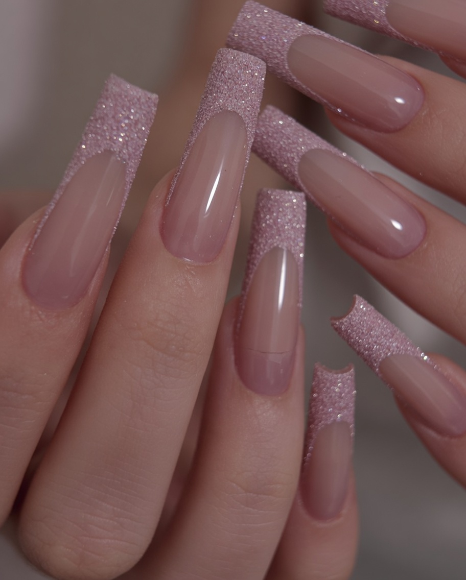 A pair of hands displaying long, square-shaped nails with a pink base and glitter French tips in a relaxed, elegant pose.
