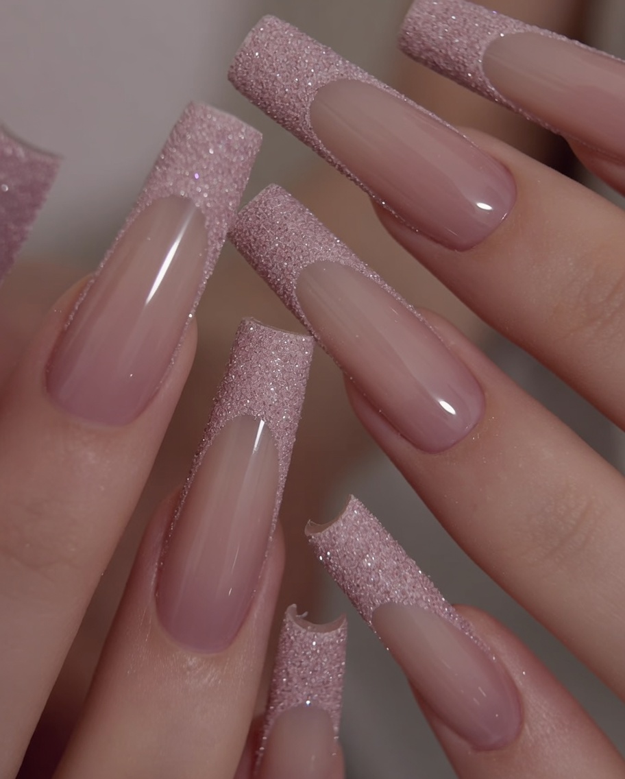A macro shot focusing on a single finger to show the sharp, precise transition between the pink base and the glitter tip.