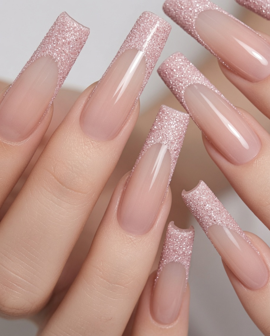 A close-up of fingers positioned to catch light, emphasizing the sparkling texture of the glitter French tips.